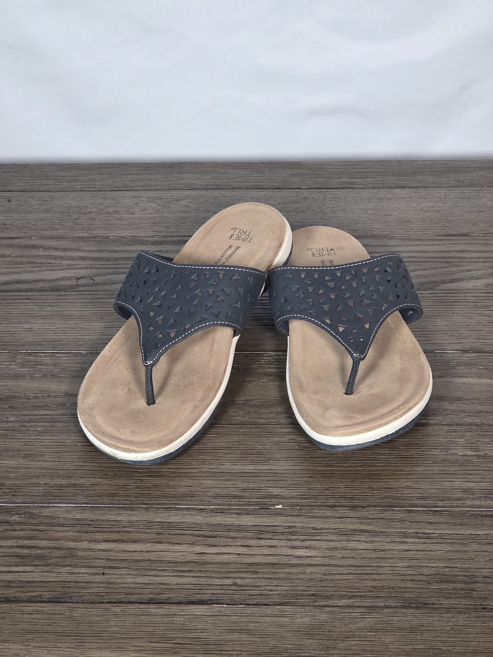 Time and Tru Black Laser-Cut Comfort Thong Sandals